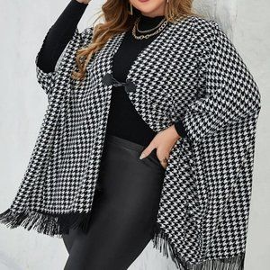 Plus Size black white Houndstooth Fringe Trim Cape Wrap jacket Coat